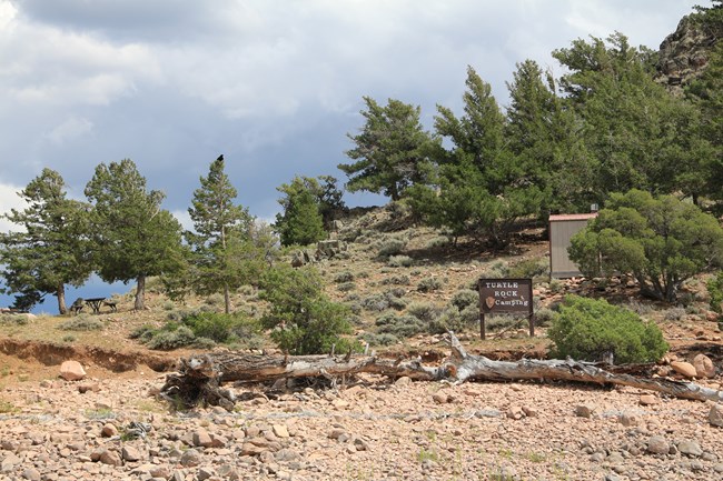 Rocky shoreline with down trees. Campsite sign and vault toilet can be seen higher up