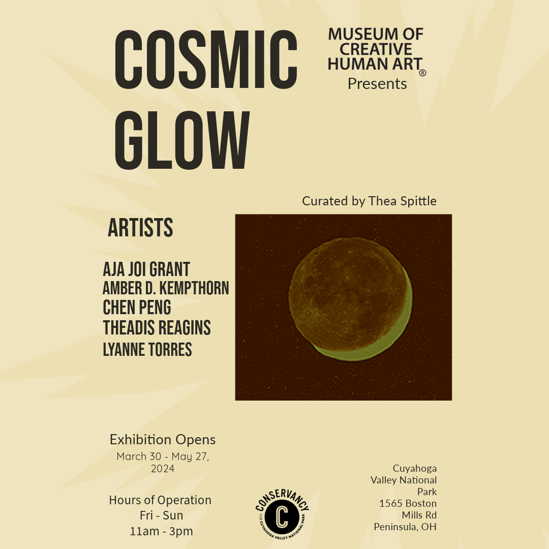 Graphic with image of the moon eclipsing the sun; text reads "Cosmic Glow" with a list of artists and other information.