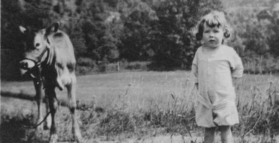 Historical photo of a young girl standing next to a cow in a farm field with dense woods in the background.