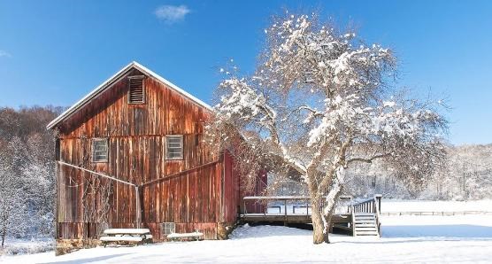 Conrad Botzum farm; a red barn in a snow covered, sunny field.