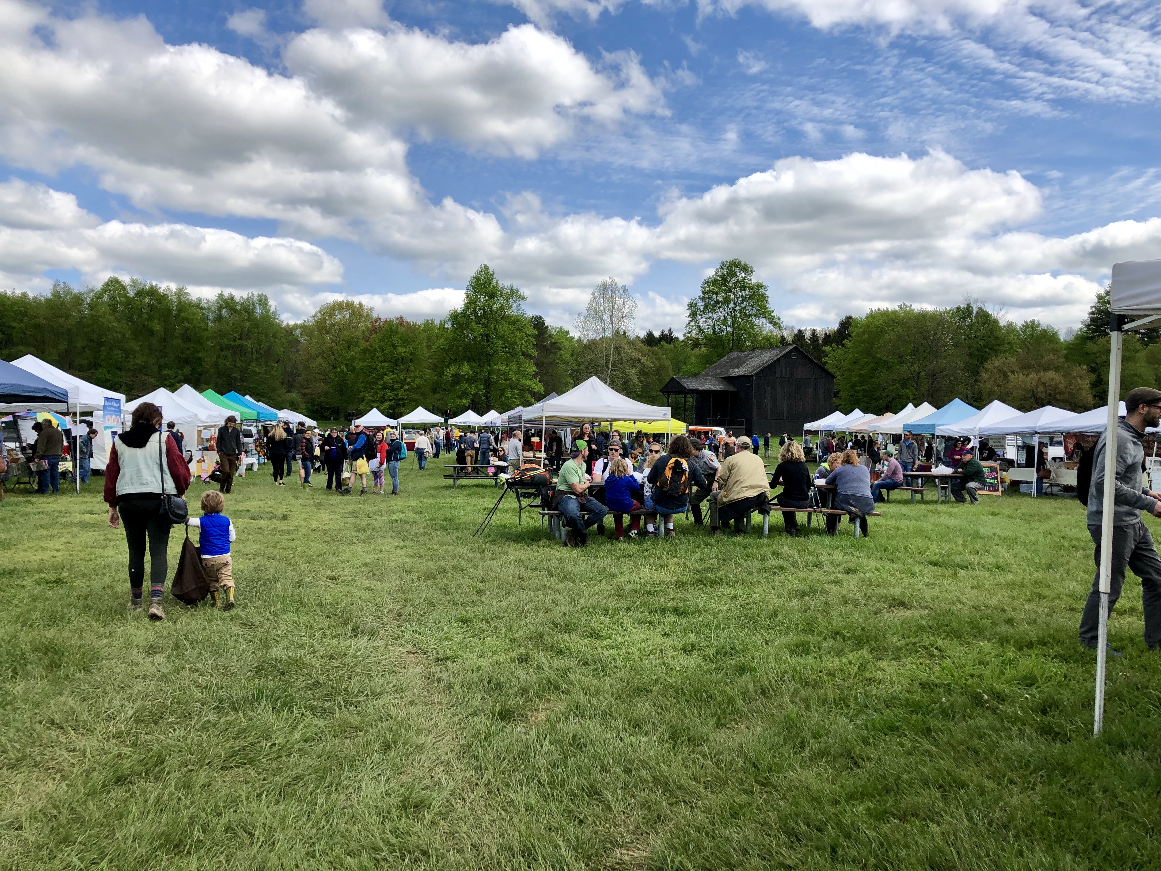 People sit at picnic tables and stand in the grass between dozens of mostly white tents.