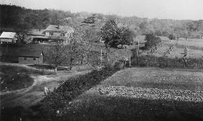 Historic photo of a valley farmstead with buildings and crop fields and trees in the background.