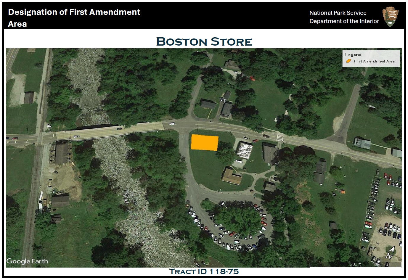 Aerial view of Boston; to the left is the Cuyahoga River; Boston Mills Road runs east-west; south of Boston Mills Road and just east of the driveway to Boston Store is a yellow rectangle indicating the location of the first amendment area.