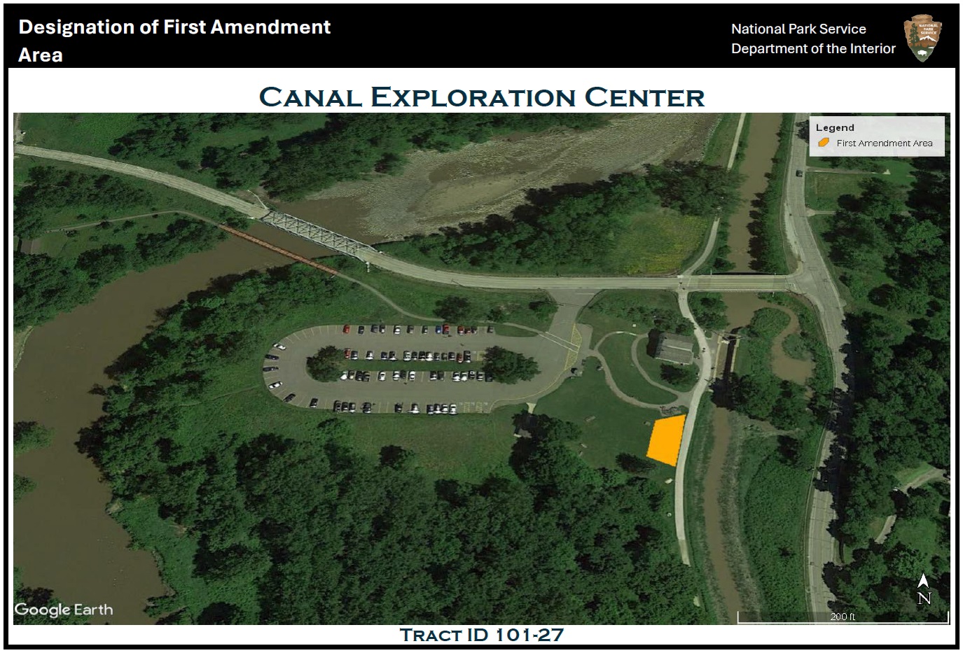 Aerial view of the Canal Exploration Center (CEC) area; at center is the CEC parking lot; to the right, south of the building and west of the Towpath Trail a trapezoidal yellow polygon indicates the location of the first amendment area.
