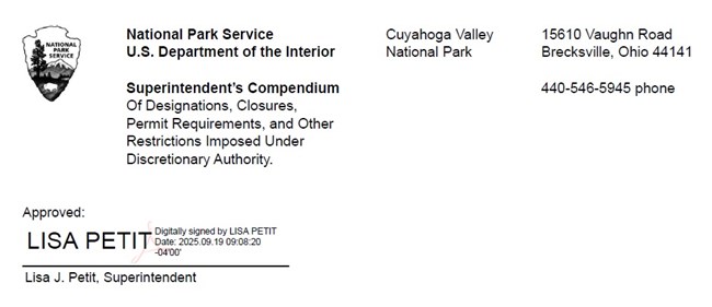 Compendium header with black and white NPS arrowhead and Superintendent's electronic signature; header text is repeated below.