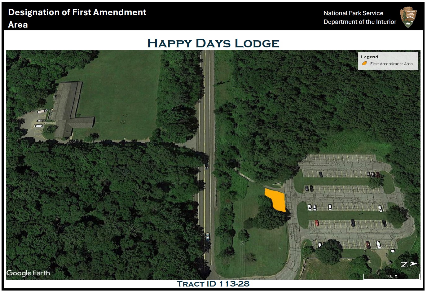 Aerial view of the Happy Days Lodge area; to the left is the lodge; to the right is the parking lot north of S.R. 303; between the parking lot and S.R. 303 is an irregularly shaped yellow polygon indicating the location of the first amendment area.