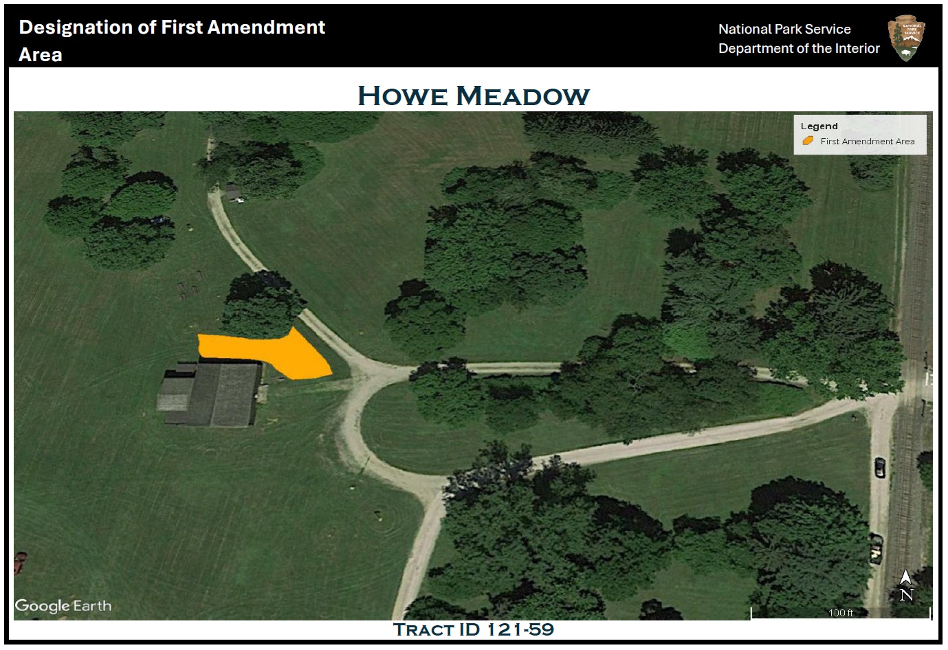 Aerial view of the Howe Meadow area; to the left is the Howe Meadow barn; wrapping around the north side and off to the east of the barn's northeast corner is an irregularly shaped yellow polygon indicating the location of the first amendment area.