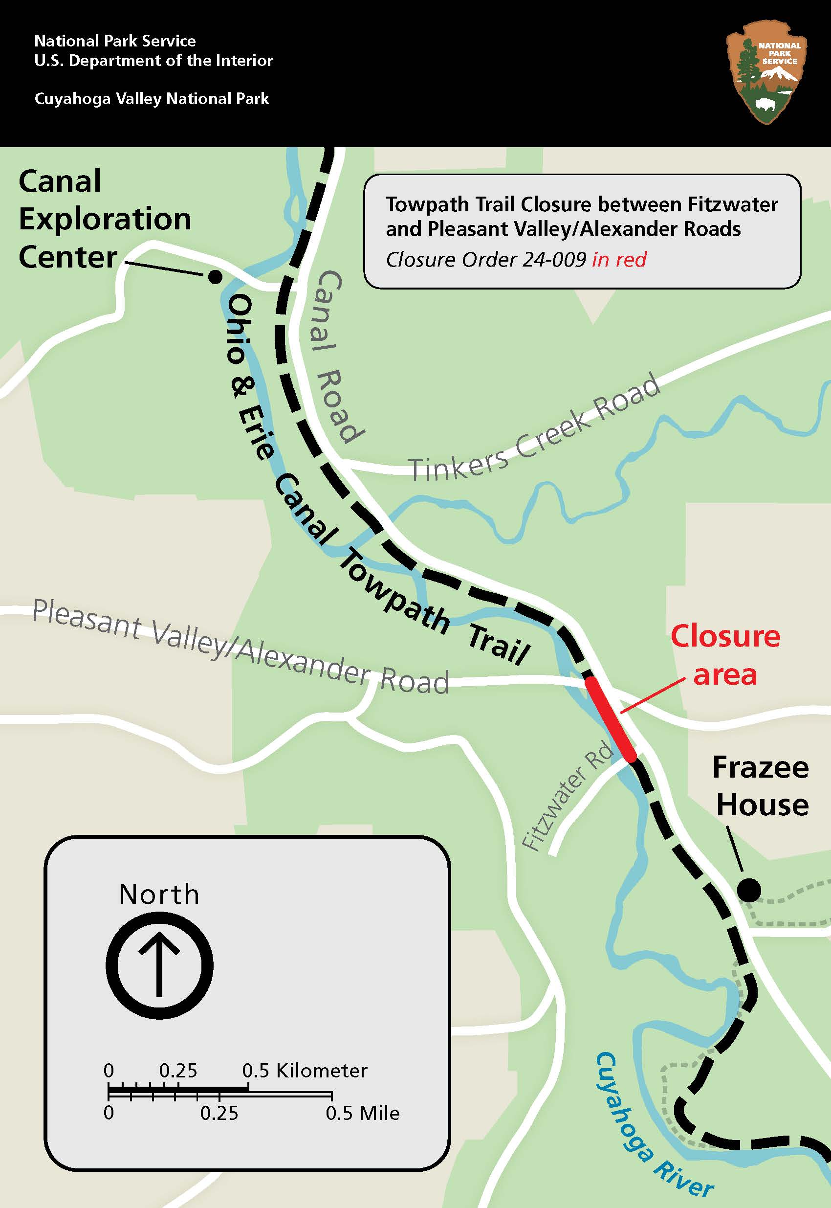 Map of section of park and surrounding area; closure of Towpath shown in red; black bar at top with NPS arrowhead symbol.