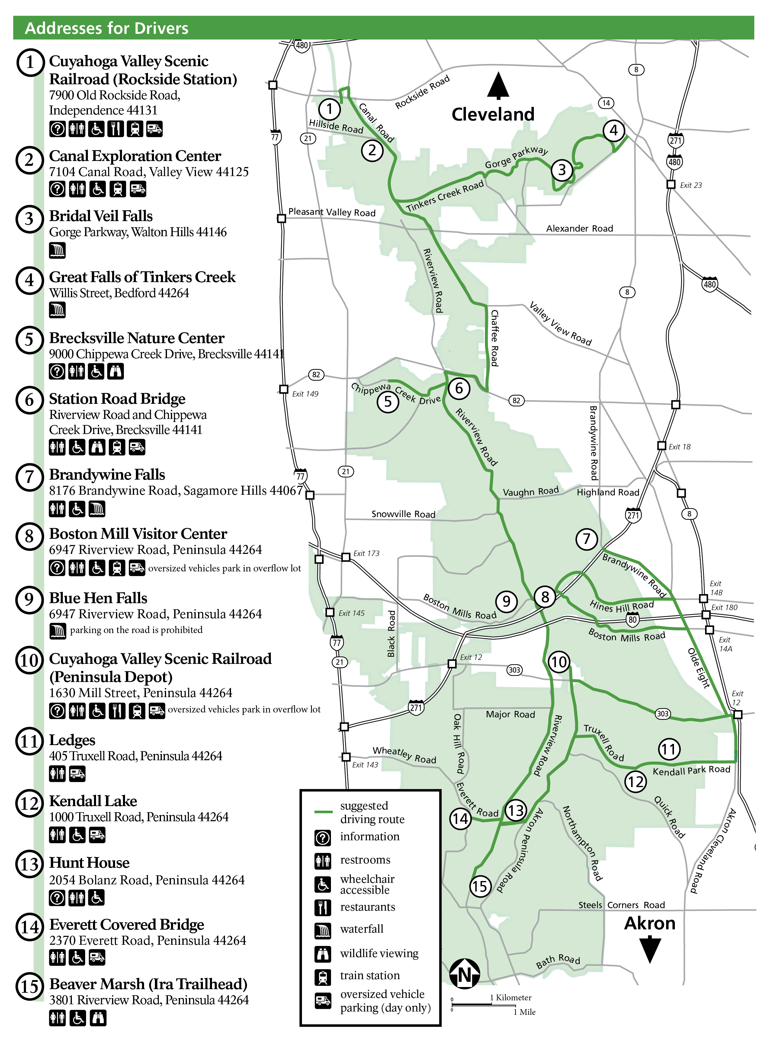 Green and white map of Cuyahoga Valley National Park with 15 destinations and their addresses; heading at the top reads, “Addresses for Drivers.”