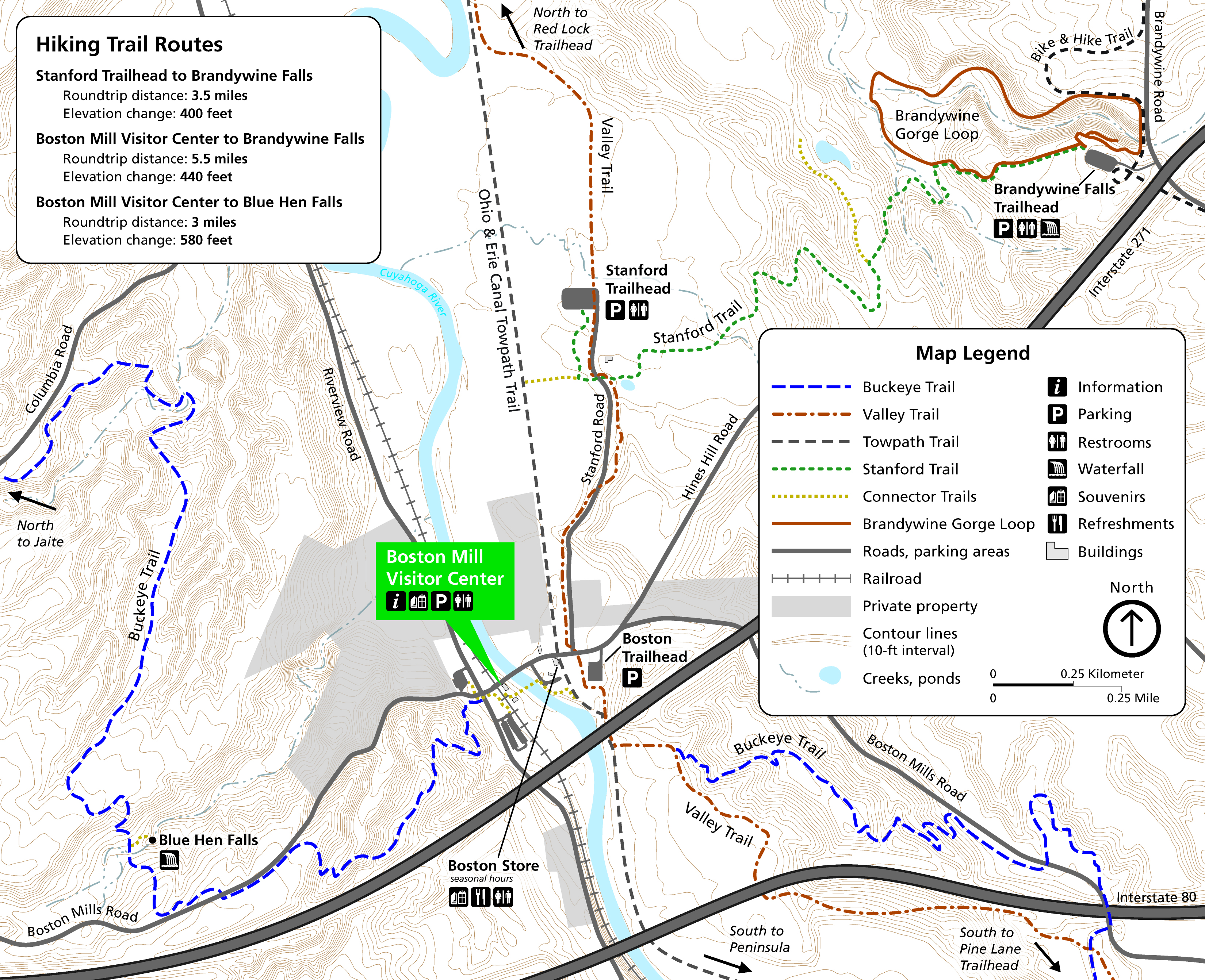 A map shows the area around the Village of Boston, showing the routes of trails and roads, and the locations of buildings, trailheads, and parking lots.