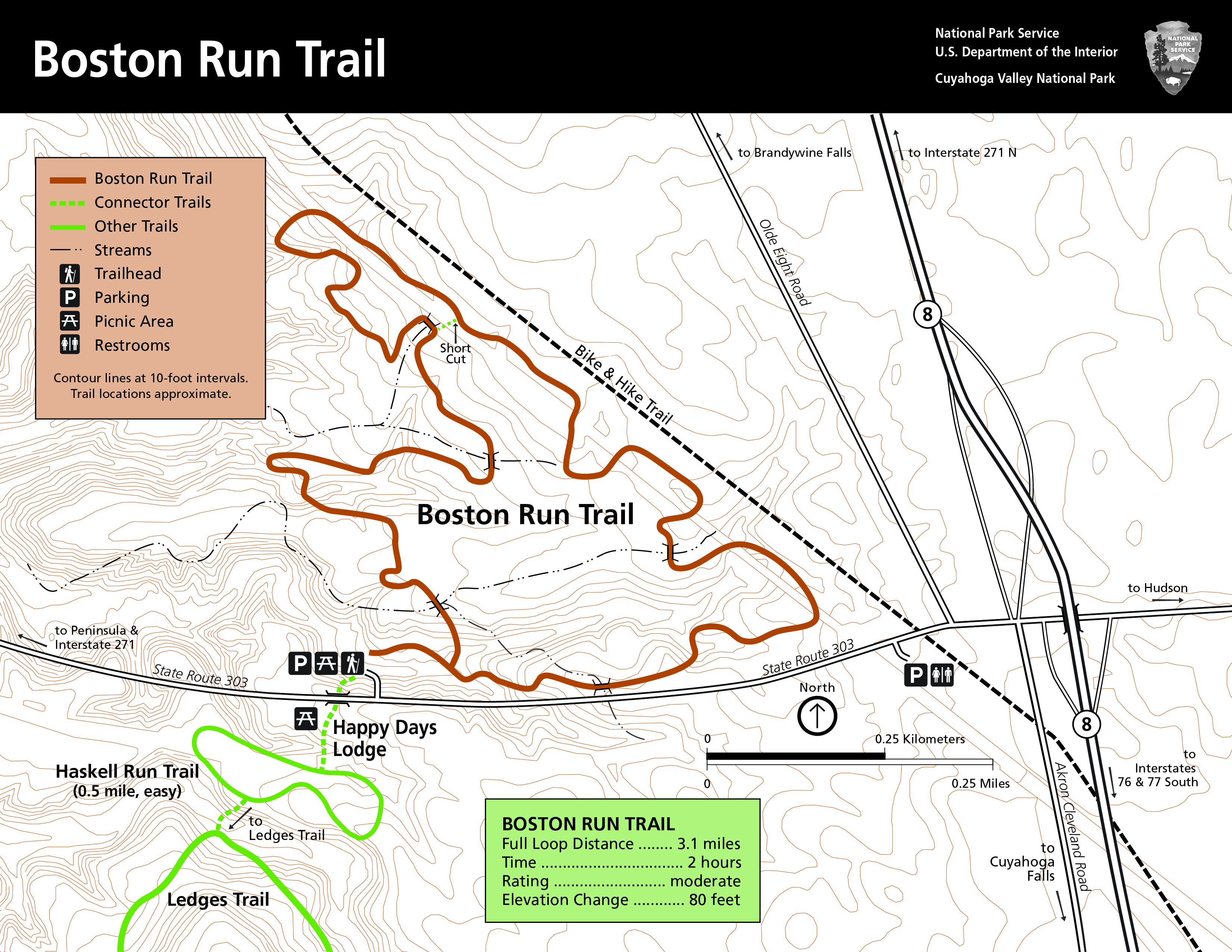 Boston Run trail off State Route 303 starts from the Happy Days Lodge parking lot. A 3.1-mile loop with 80 feet elevation change. Connect to Haskell Run and Ledges Trail for a longer hike.
