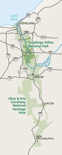 A map of the area of Cuyahoga Valley National Park (CVNP), Ohio & Erie Canalway National Heritage Area, as well as the areas immediately surrounding both the park and the National Heritage Area.