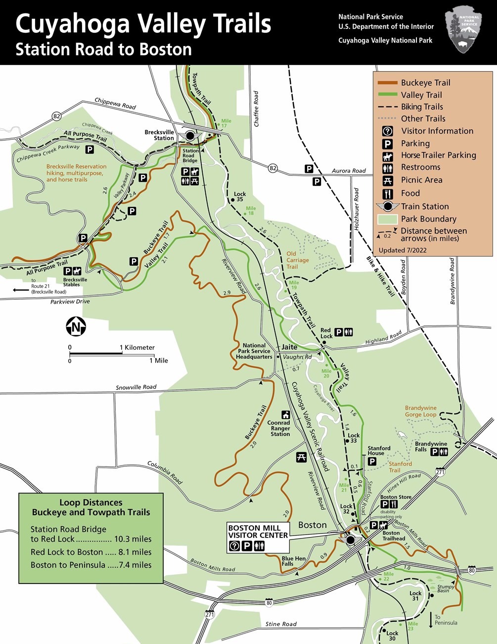 The major trails, roads, and locations from Station Road Bridge to Boston Mill Visitor Center with their amenities. Riverview Road runs through the middle of the park with Station Road Bridge, Jaite, and Boston located off Riverview Rd.