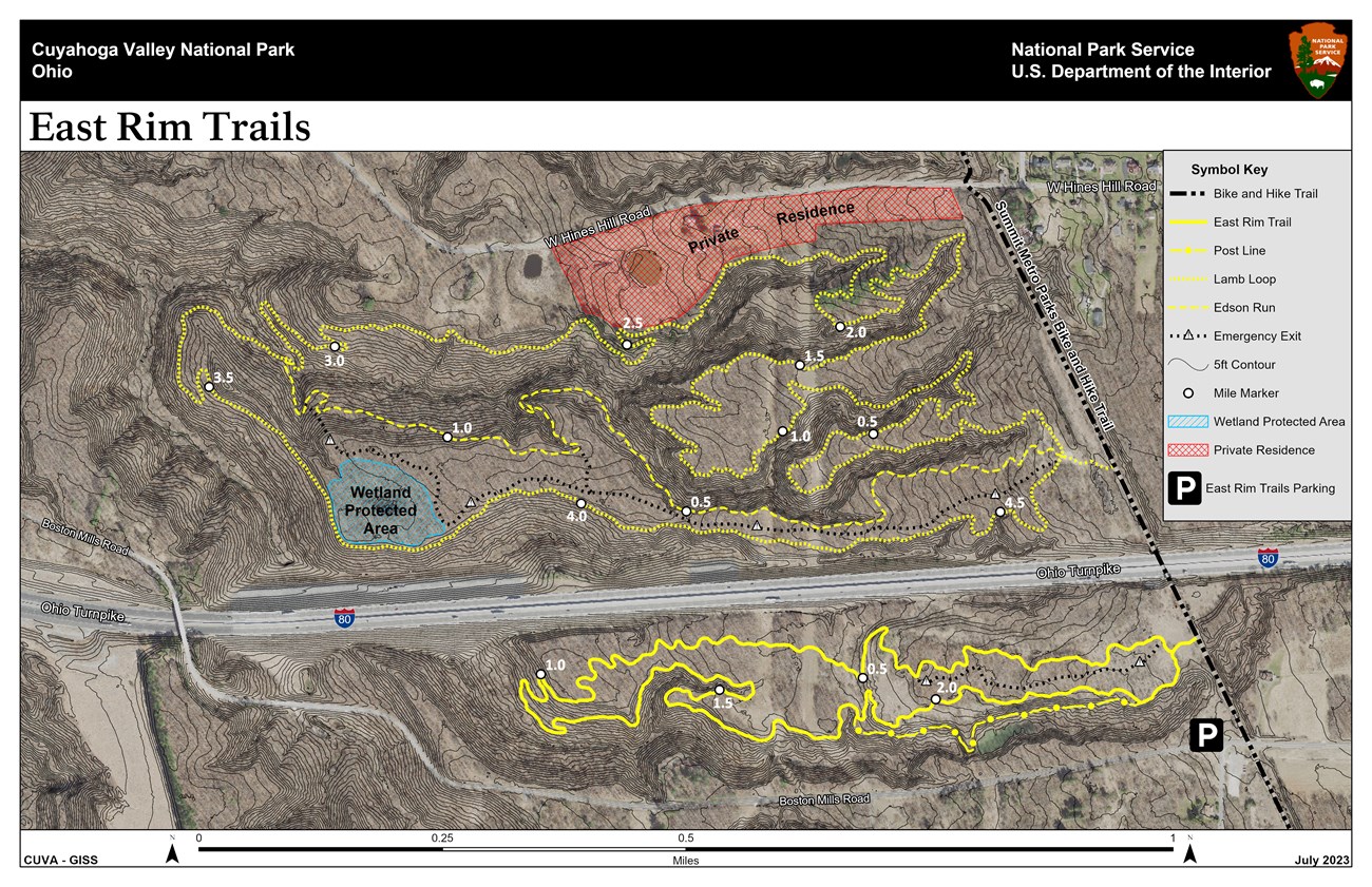 A map of the East Rim trail system, a 2.3-mile East Rim Trail, 4.7-mile Lamb Loop, and 1.3-mile Edson Run.