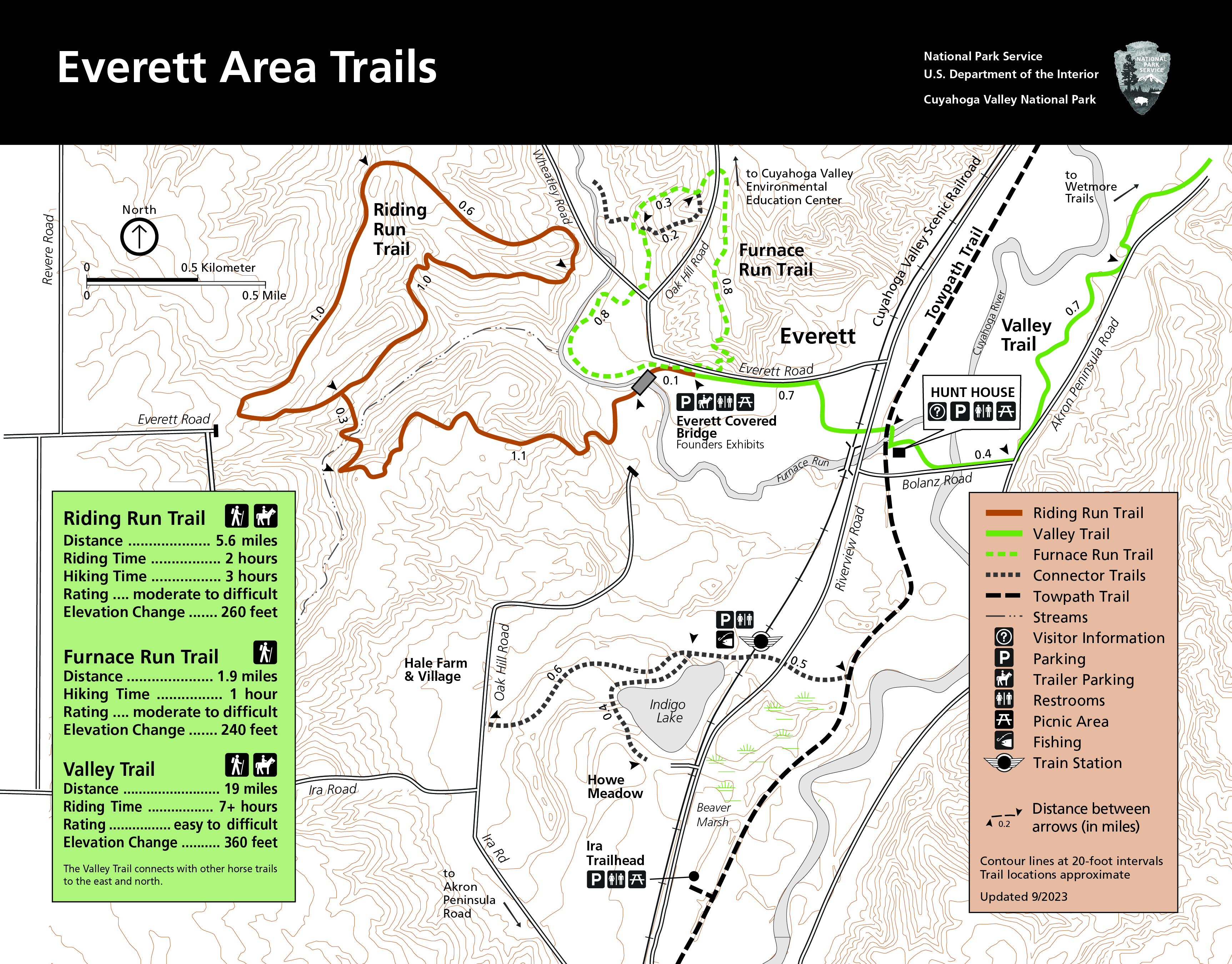Trail map with black bar at top and white text, "Everett Area Trails"; includes information about Riding Run Trail, Furnace Run Trail, and Valley Trail.