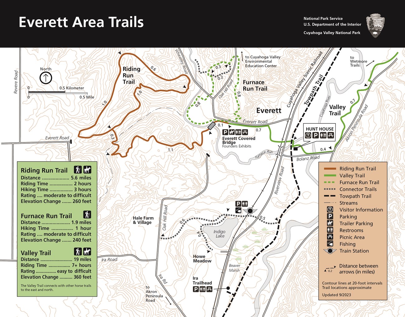 Trail map with black bar at top and white text, "Everett Area Trails"; includes information about Riding Run Trail, Furnace Run Trail, and Valley Trail.