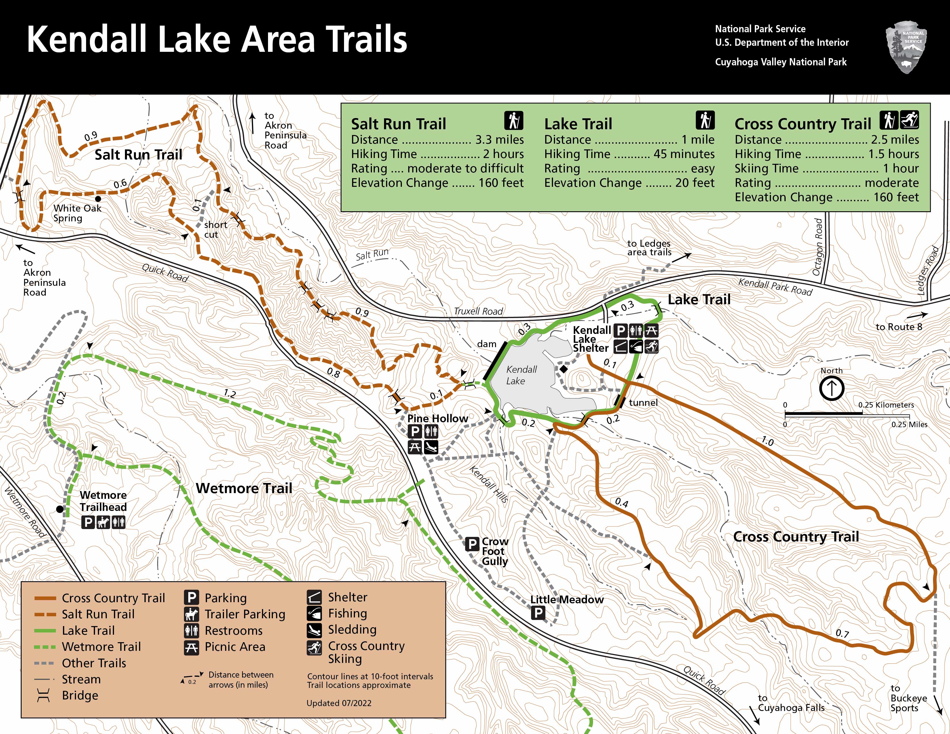 Salt Run, Lake, and Cross Country Trails around Kendall Lake and Hills. Salt Run Trail, 3.3-mile loop, 160 feet elevation change. Lake Trail, 1 mile loop, 20 feet elevation change, stairs. Cross Country Trail, 2.5-mile loop, 160 feet elevation change.