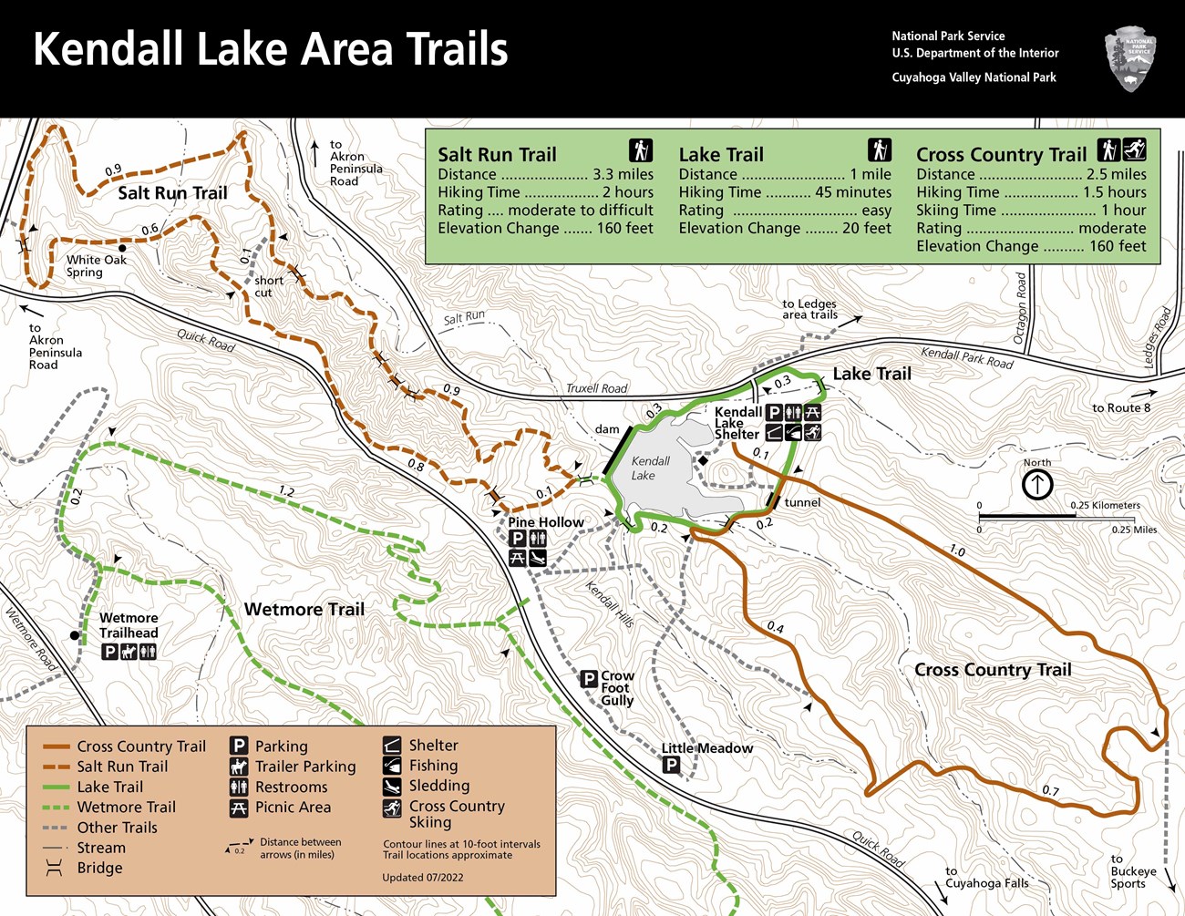 Salt Run, Lake, and Cross Country Trails around Kendall Lake and Hills. Salt Run Trail, 3.3-mile loop, 160 feet elevation change. Lake Trail, 1 mile loop, 20 feet elevation change, stairs. Cross Country Trail, 2.5-mile loop, 160 feet elevation change.
