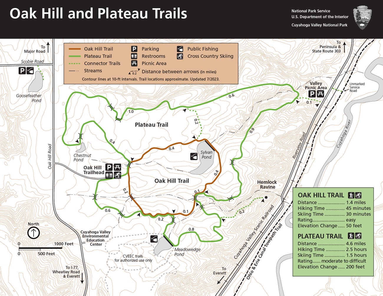 A map of the 1.8 mile Oak Hill Trail and the 4.6 mile Plateau trail. Both are loop trails off of Oak Hill Road at Oak Hill Trailhead. The trailhead has parking, restrooms, picnic tables, and the trails can be used to cross country ski in the winter.