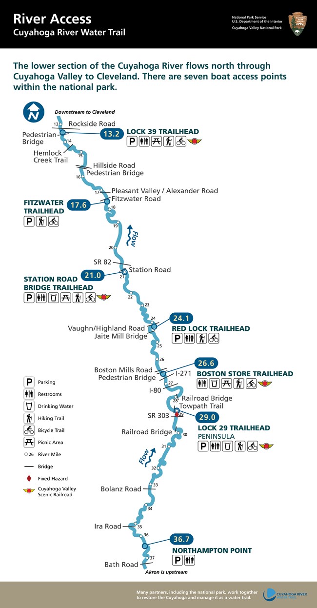 Map of the Cuyahoga River Water Trail section in Cuyahoga Valley National Park. Black bar at top includes the park name, NPS arrowhead symbol and the title, “River Access”.