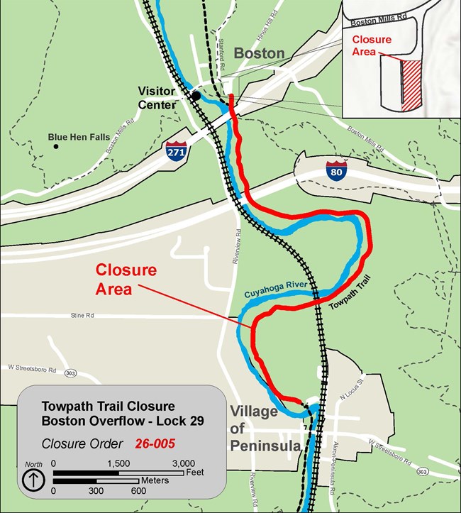 Map showing Towpath Trail closure between Boston to the north and Peninsula to the south with closure marked in red.