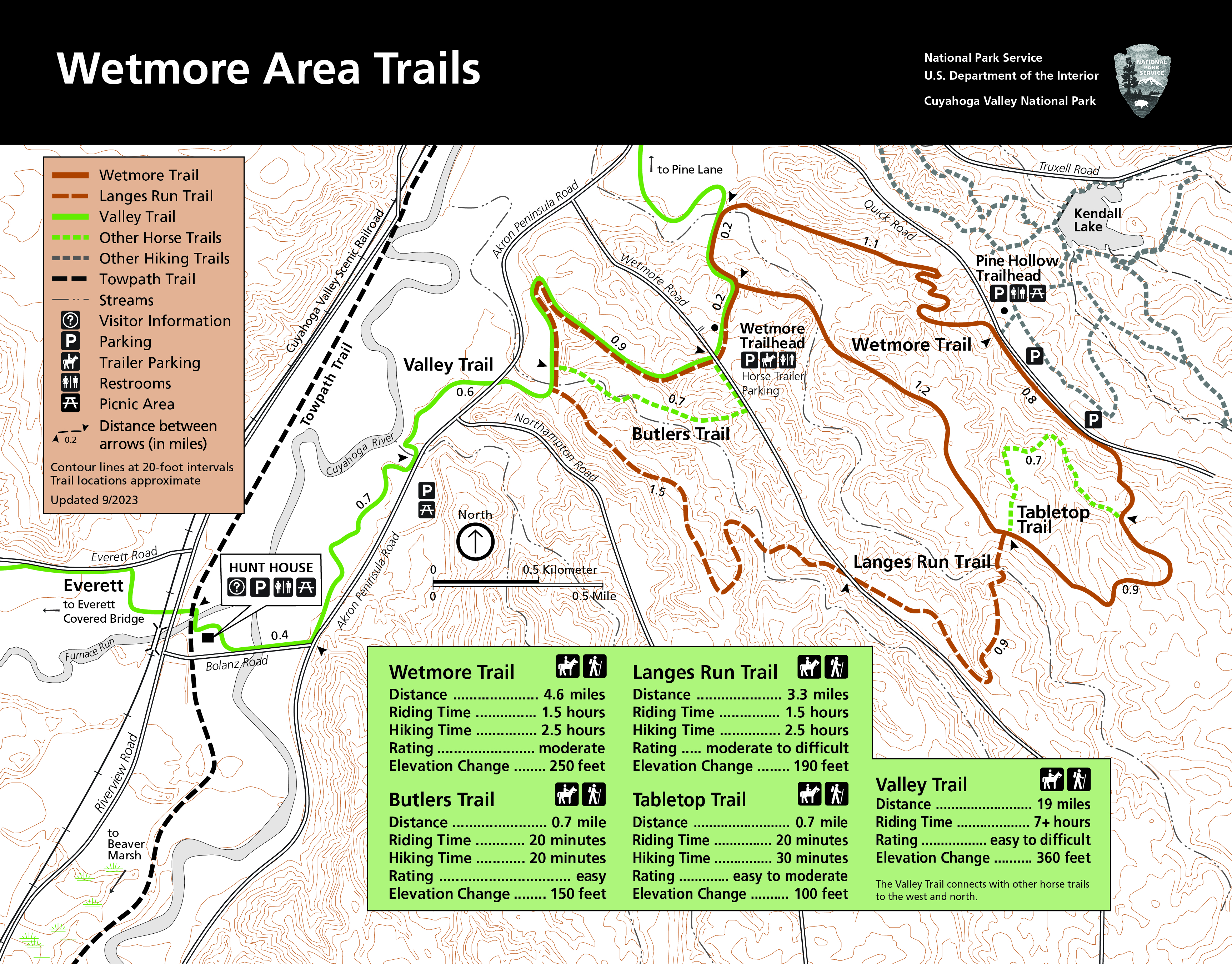 Trail map with black bar at top and white text, "Wetmore Area Trails"; includes information about Wetmore Trail, Butlers Trail, Langes Run Trail, Tabletop Trail, and Valley Trail.