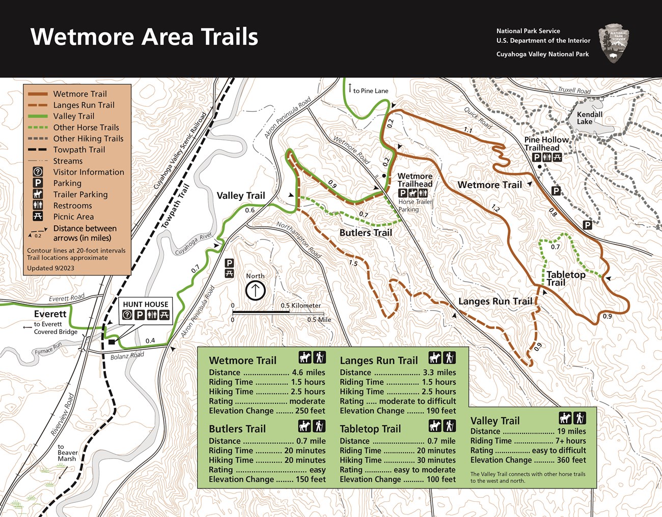 Trail map with black bar at top and white text, "Wetmore Area Trails"; includes information about Wetmore Trail, Butlers Trail, Langes Run Trail, Tabletop Trail, and Valley Trail.
