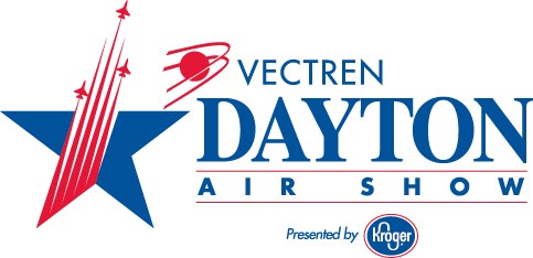 Dayton Air Show logo with a large star on the left showing three airplanes shooting up out of it next to a circle with swoops going around it.