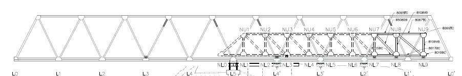 A diagram of the main truss and half of the launch truss with the various points labeled from N0 to N9.