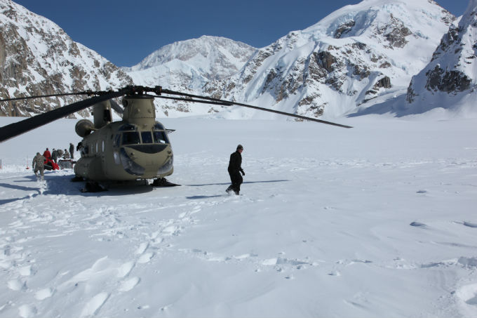 CH-47 helicopter and crew at Kahiltna Basecamp