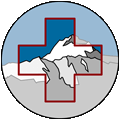 A circle with a cross overlayed over a mountain image.