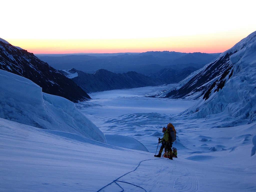 Finding a way through the Great Icefall on the Muldrow Glacier at 2 AM.