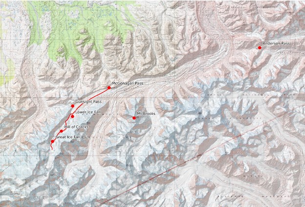 Topographical map of Muldrow Glacier with sites mentioned in the article labelled with a red dot