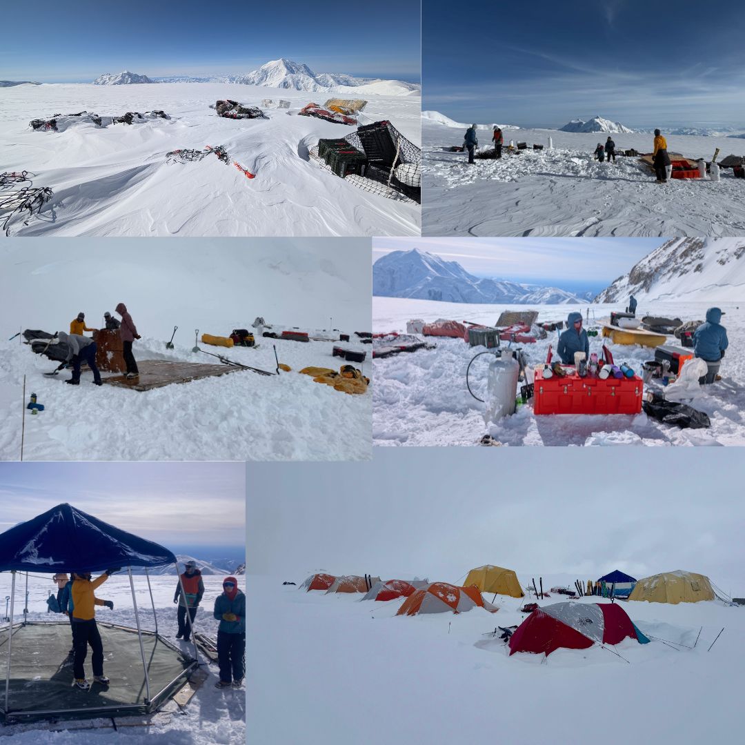 A collage of photos of rangers setting up camps in the snow