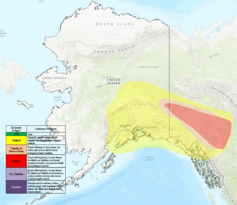 Photo issued by ALASKA DEPARTMENT OF ENVIRONMENTAL CONSERVATION Division of Air Quality AIR QUALITY ADVISORY Central and Eastern Alaska #2025-F1 Sunday, June 15, 2025 