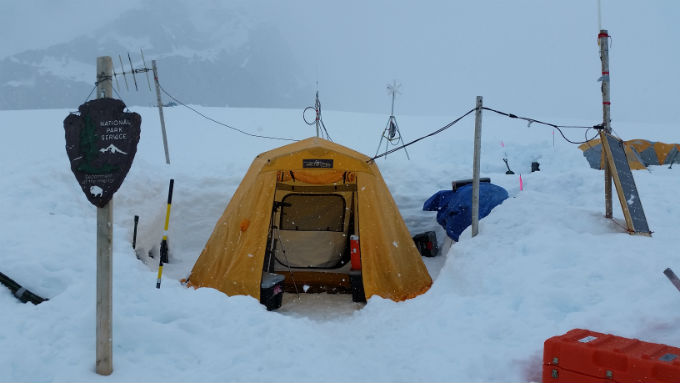 Snow falling on Basecamp tent