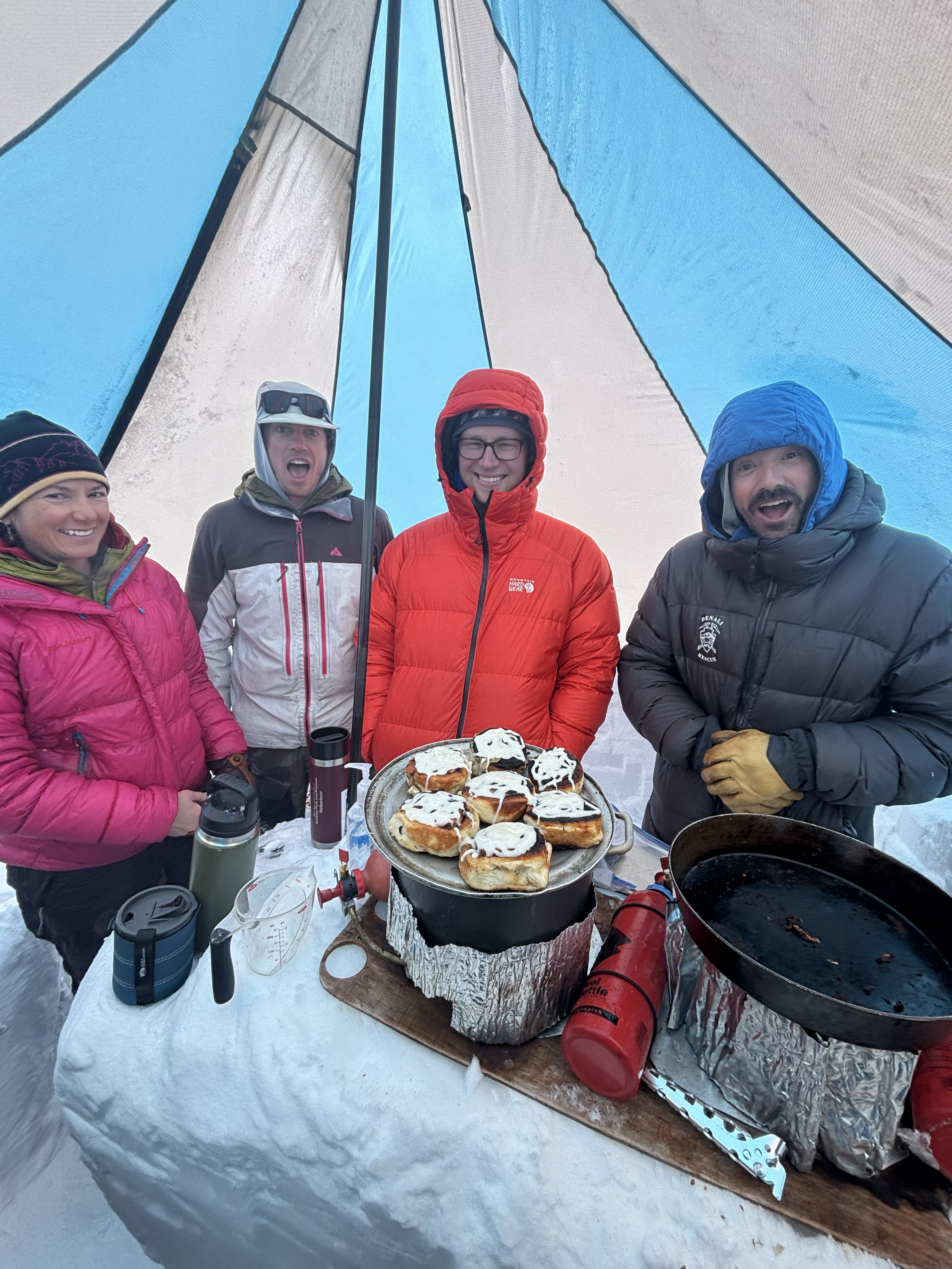 Despite stormy weather, stoke remains high on patrol 1. The team celebrated volunteer Joe Grout’s birthday with some backcountry baking. Happy Birthday Joe! Left to right: Andrea Tupy, Carter Keene, Joe Grout, Joseph McBrayer. Photo: S. Barrier
