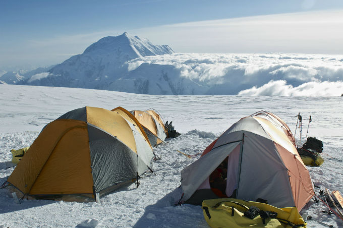 Two tents in the foreground, looking out towards Mt. Hunter