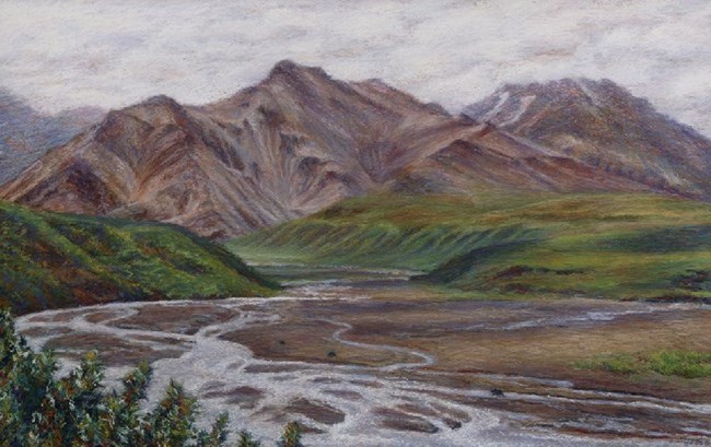 pastel drawing of mountains and rivers