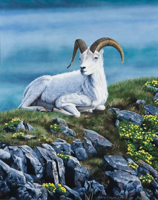 oil painting of a white sheep lying atop a mountain