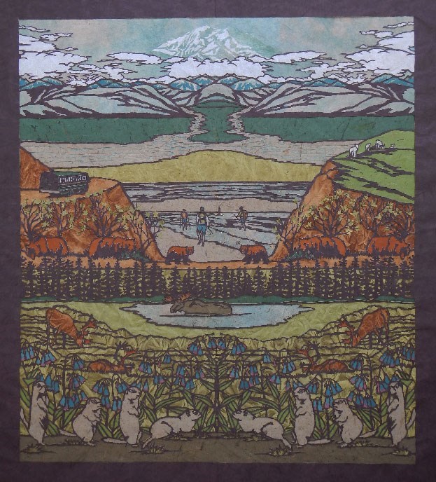 artwork depicting hikers and wildlife in a wilderness setting