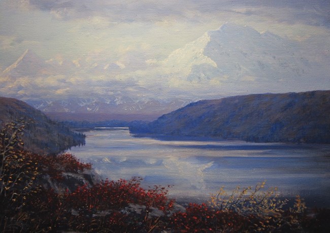 oil painting of a huge snowy mountain dominating a landscape of lakes and forests