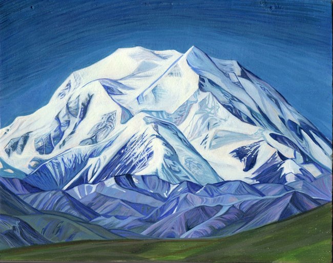 painting of a huge snowy mountain