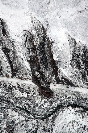 Aerial photo of landslide across road