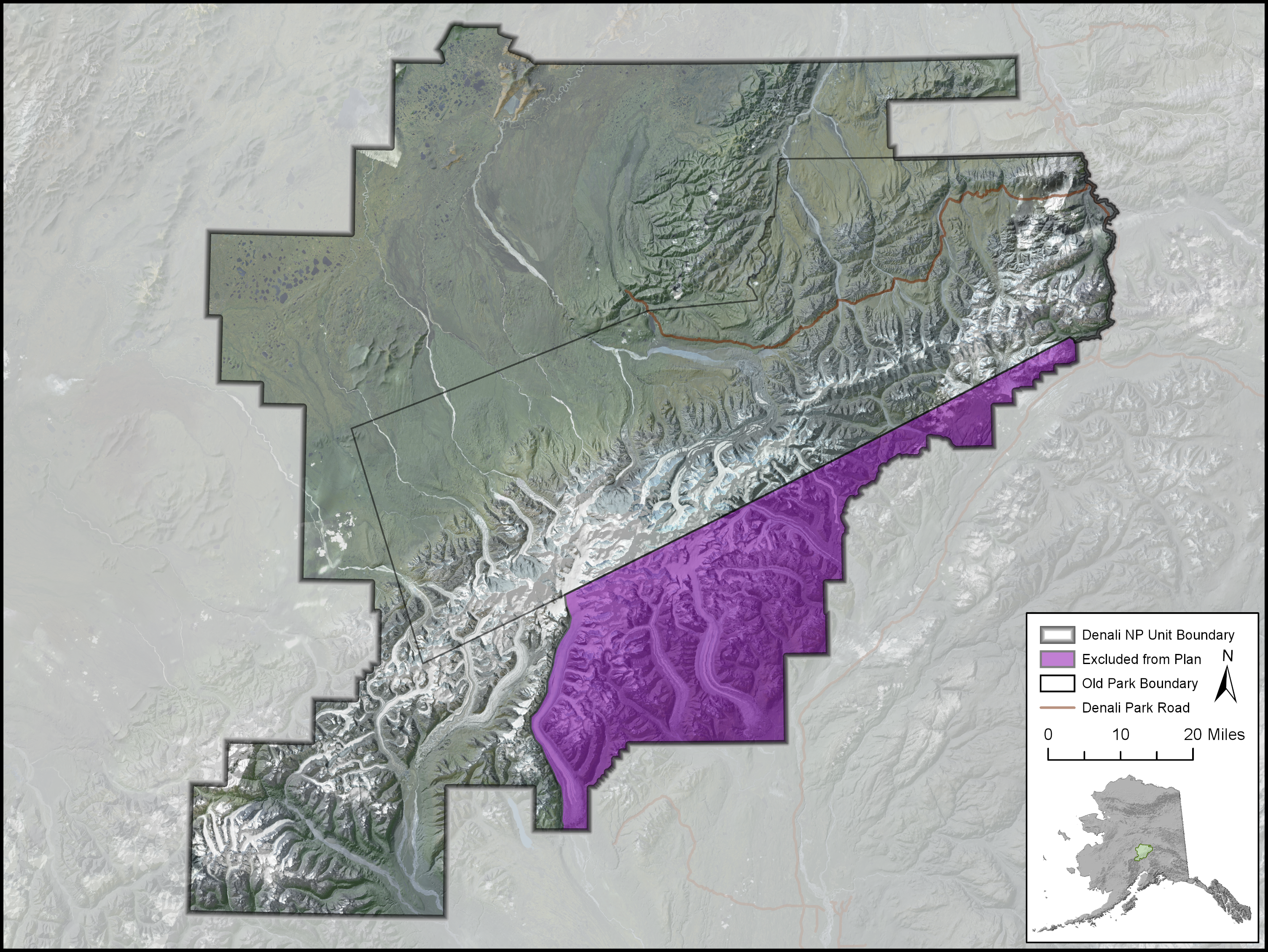 a map of denali national park with a shaded overlay on part of the southern section of the park; legend indicates this area is not covered by the park's winter plan