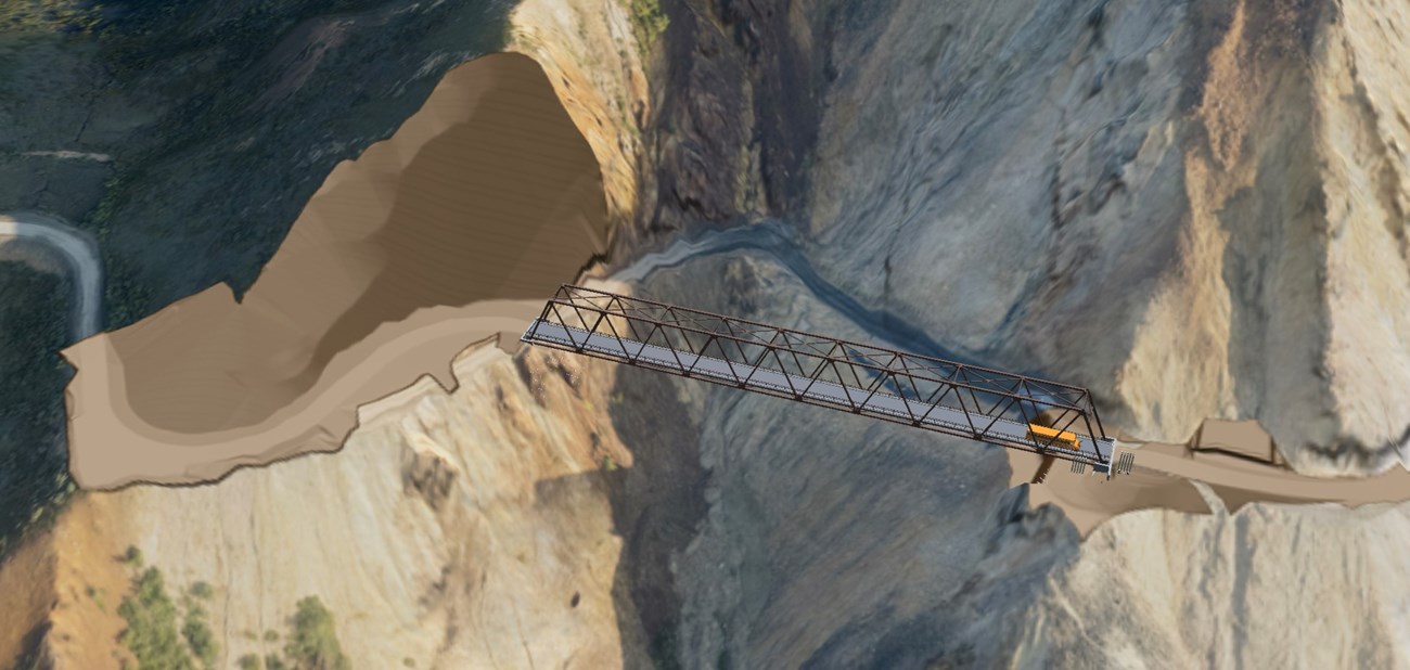 Computer-generated image of the Pretty Rocks site with the proposed bridge and excavation. The bridge has many diagonal beams for support. Small area of excavation on the east side of the bridge and a larger amount on the west side.