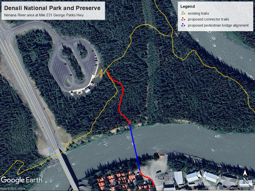 A satellite imagery map of the nenana river area at mile 231 of the george parks highway. Colored lines indicate existing trails on the north side of the river and the proposed connector trail and pedestrian bridge connecting south to Denali Park Village.