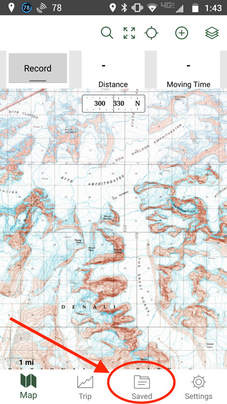 screenshot of a phone app showing a topographic map and menu options, one of which is highlighted: save map