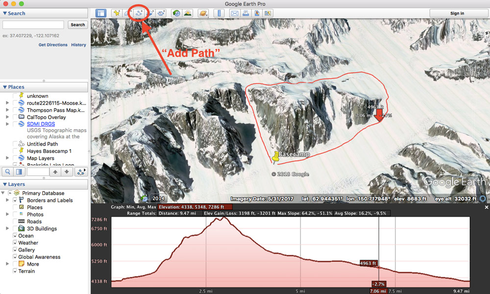 screenshot of a software application showing photo of glaciers and mountains and overlays indicating elevation and other information about the area