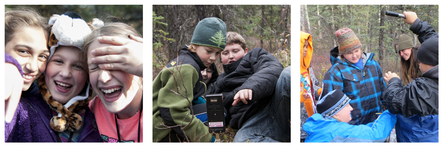  Right: 3 students, a chaperone, and a park ranger measure permafrost. Center: three students read a meter when measuring permafrost. Left: Three girls hugging and smiling.
